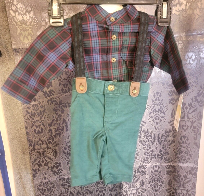 Just One You-Toddler Boy's 2 piece multi-color shirt green pants w/ suspenders gallery