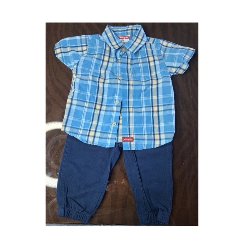 Wrangler Blue/Navy 2pc Plaid Shirt & Pants Set 12M Fall/Spring
