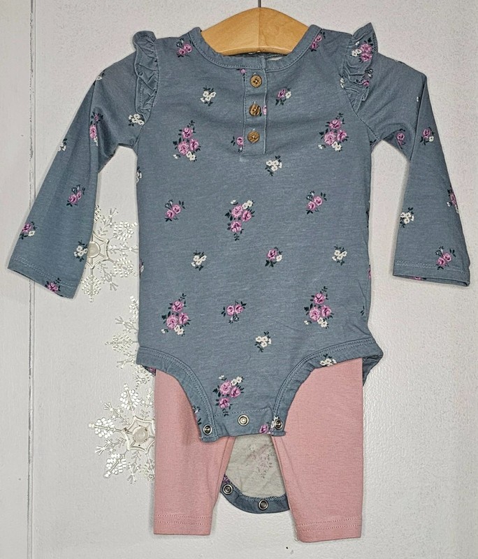 Carter’s cotton 12mo Blue Shirt with Roses & matching Pink Pants Snap Crotch