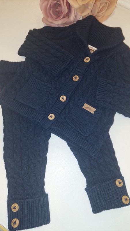Baby Boy Knitted Navy 100% Cotton Smart Outfit Set Cardigan Bottoms Wood Buttons