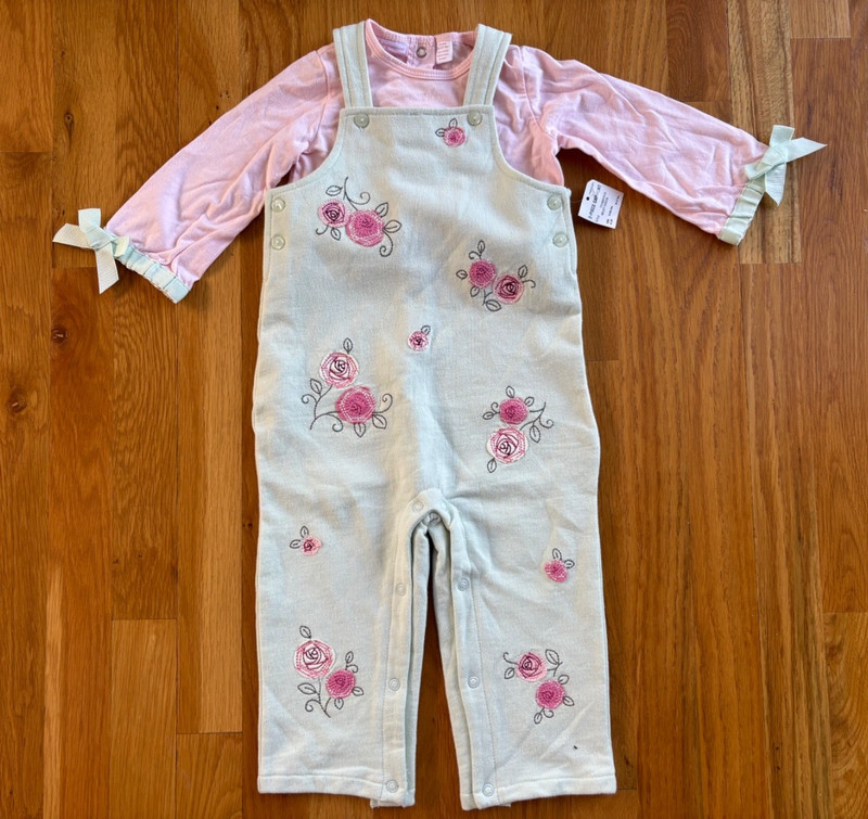 New First Impressions 2 pc Shirt & Overall Outfit Girls Size 18 month Pink/Green