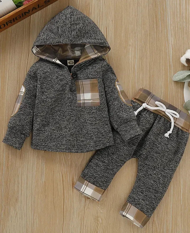 New! 2 pc. set Infant boy’s Gray w/ brown plaid HOODED SHIRT & PANTS in 5 SIZES!