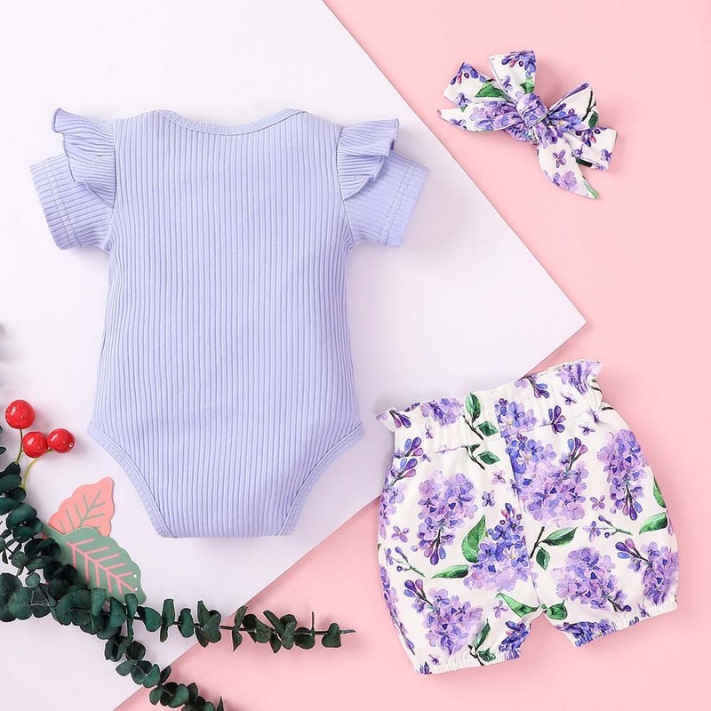 3PCS Newborn Baby Girls Ribbed Romper + Floral Shorts + Headband Outfit New gallery
