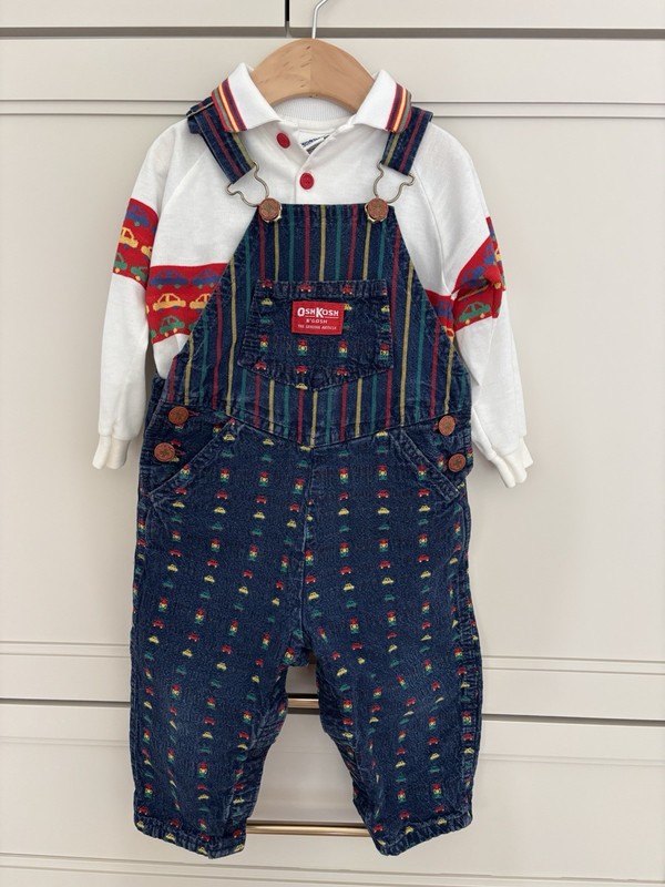 Vintage OshKosh B’Gosh Overalls & Shirt Outfit Cars Traffic Light Print Sz 24 Mo