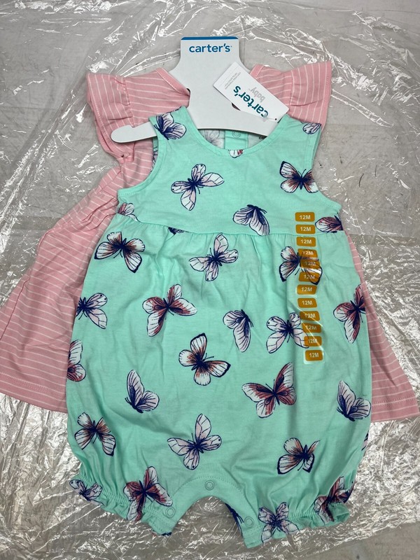 Carter’s Baby Girl 12 Months Striped Pink Dress & Butterfly Romper 2 Pack AM20