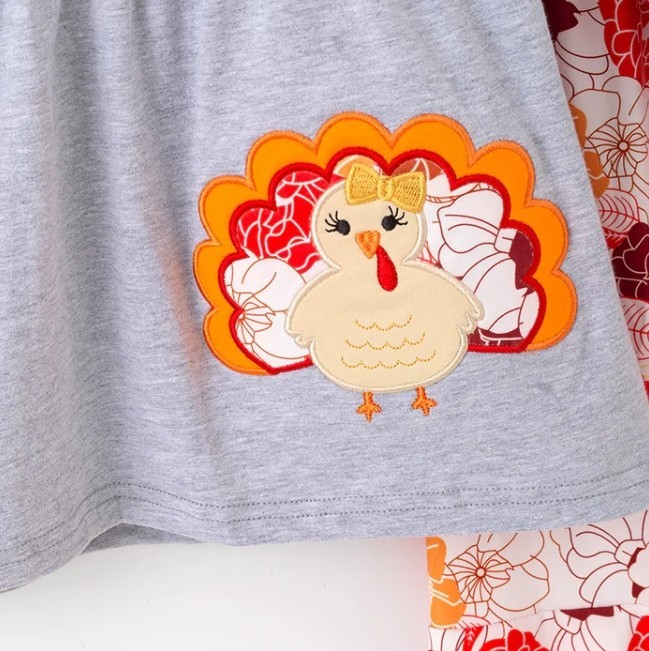 NEW Boutique Thanksgiving Turkey Girls Tunic Floral Bell Bottoms & Scarf Outfit gallery