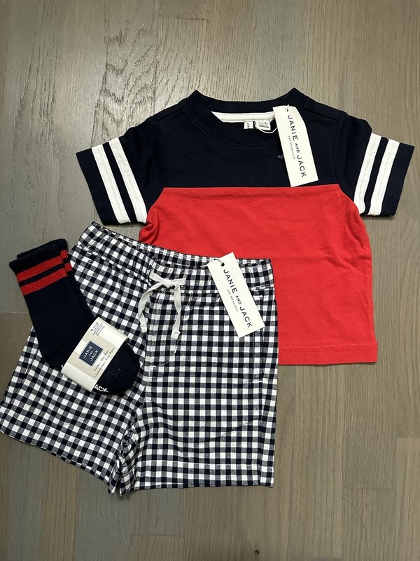 NWT Janie and Jack boy SUMMER 3-piece navy red plaid shorts socks SET 6 9 12