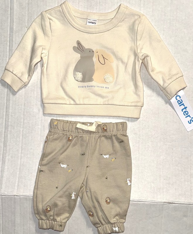 CARTERS 2 piece set ivory/tan SPRING BUNNY/CHICK motif size NEWBORN