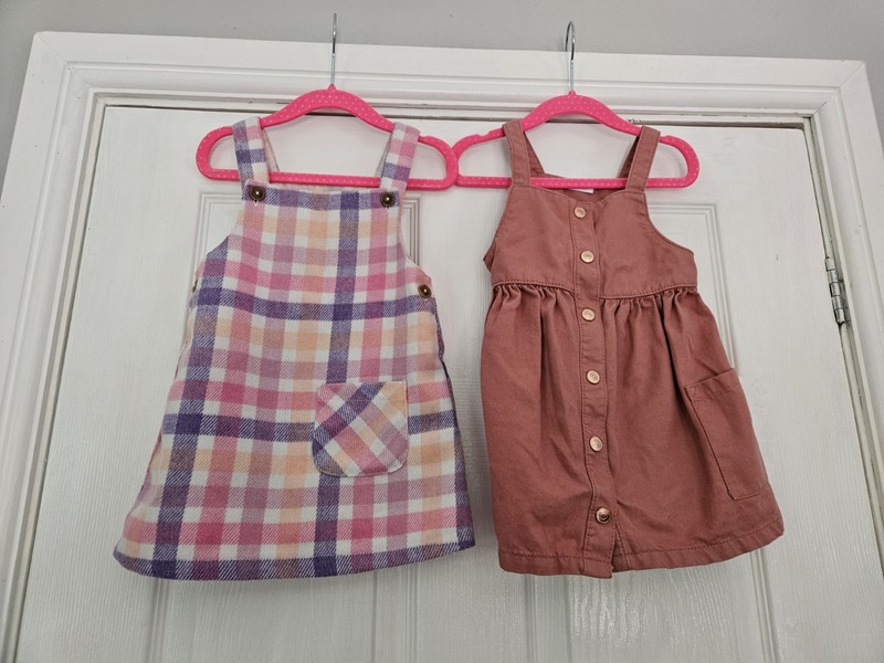 Bundle of 2 pink purple pinafore dresses age 12-18 months. Winter spring summer