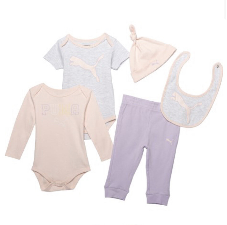 Puma Baby Girl Bodysuits, Joggers, Hat & Bib Outfit Set 3-6M -5 Pc Purple/ Grey