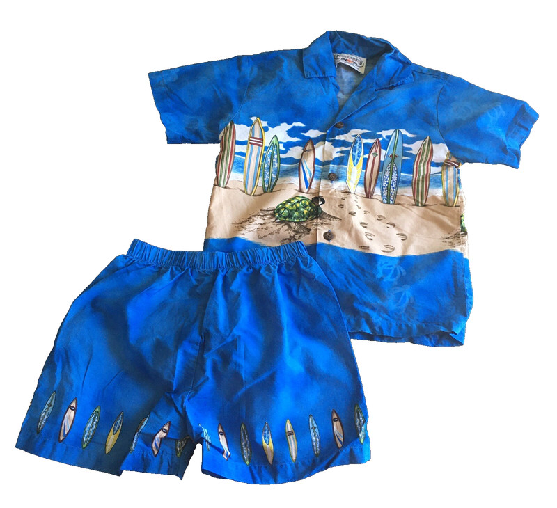 Pacific Legend Toddler Boy Tropical 2 piece Shirt Short Set Blue Surfboard 6T