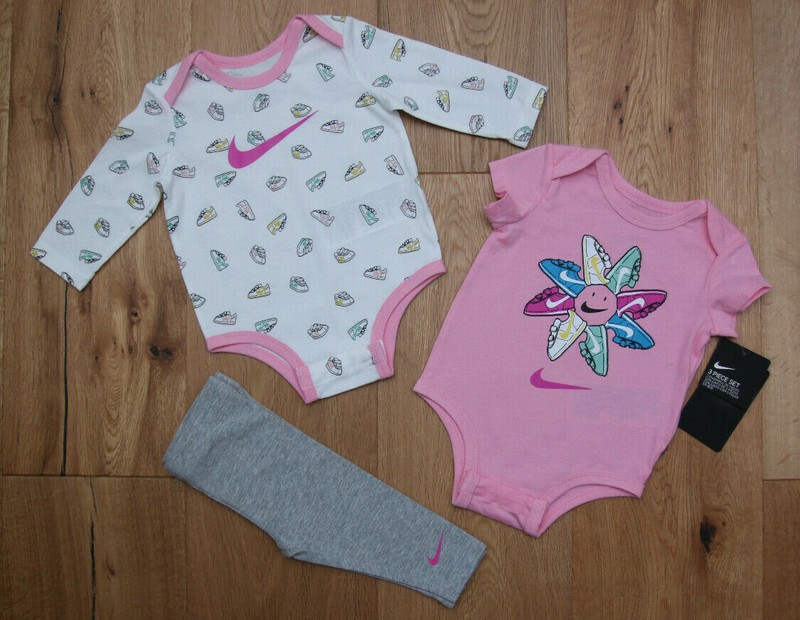 Nike Baby Girl 2 Bodysuit & Leggings Set ~ Pink, White & Gray ~ 3M ~