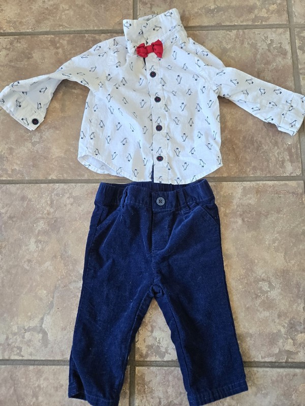 Cat & Jack Boys Outfit 6 Months Blue Corduroy Pants Drrss Shirt Penguins Bow Tie