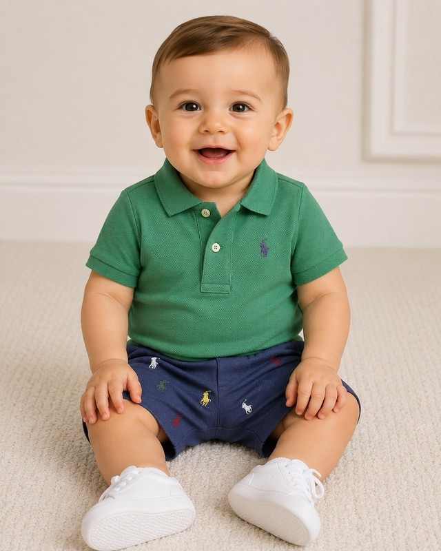 Ralph Lauren Baby Boy 2-Piece Polo Shirt & Embroidered Shorts Set NWT Blue Green