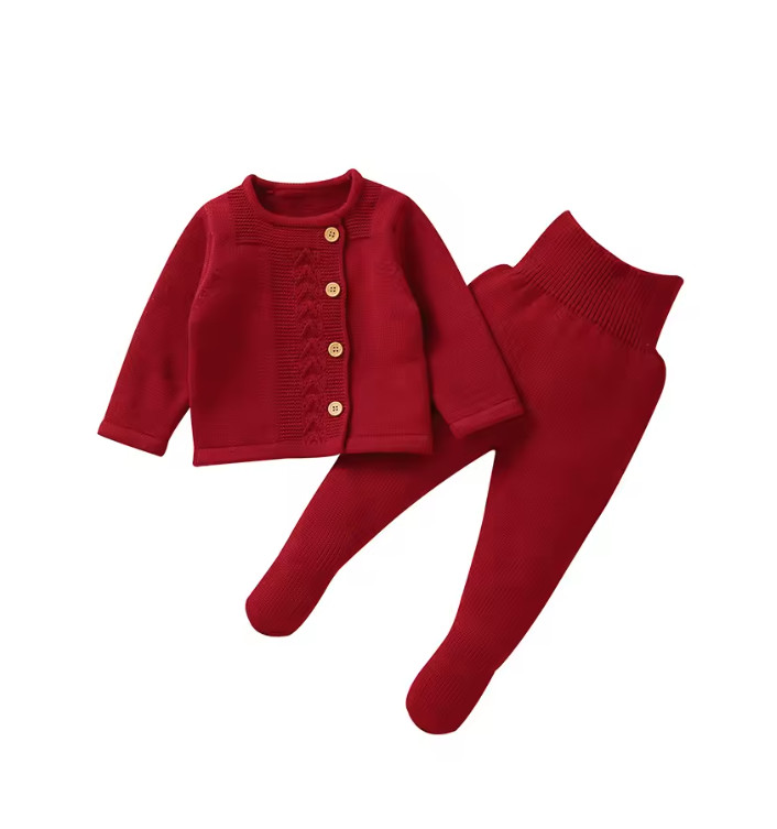 Baby Clothes Plain Red Knit Infant Sweater+Trousers Leggings Outfit Newborn