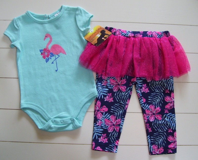 Girls Sunshine Baby 2 Pc Tropical Flamingo Bodysuit & Tutu Leggings Outfit Sz 9M