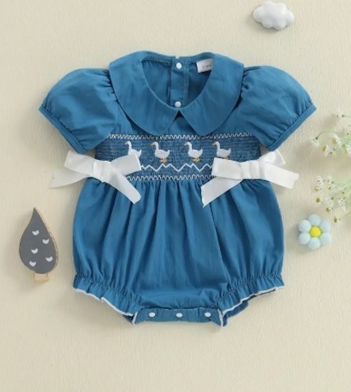 NEW Baby Girls Embroidered Goose Short Sleeve Blue Romper Jumpsuit