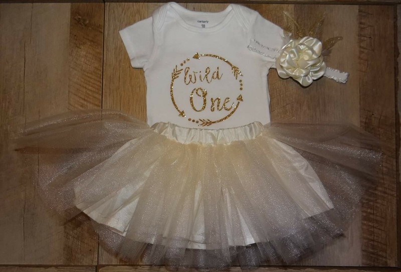 1st Birthday outfit, Wild One, feather headband, white, cream, gold