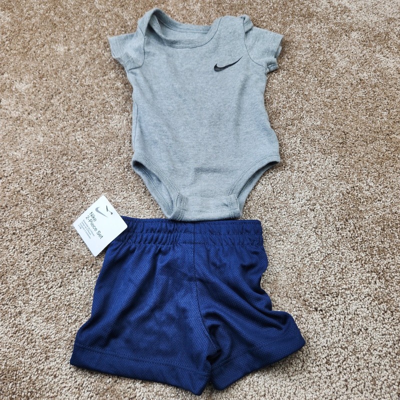 Nike Baby 2-Piece Set Bodysuit and Mesh Shorts Grey Navy Blue 3M 6M NWT