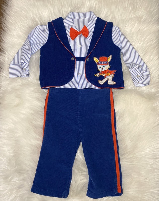 Vintage Boys Outfit 6 12 Months Rabbit Vest Pants Shirt Bow Tie Corduroy