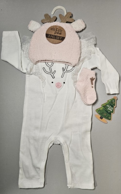 6-9 Months Chick Pea Girls Reindeer 3 Pc Outfit, Hat & Socks Christmas Winter