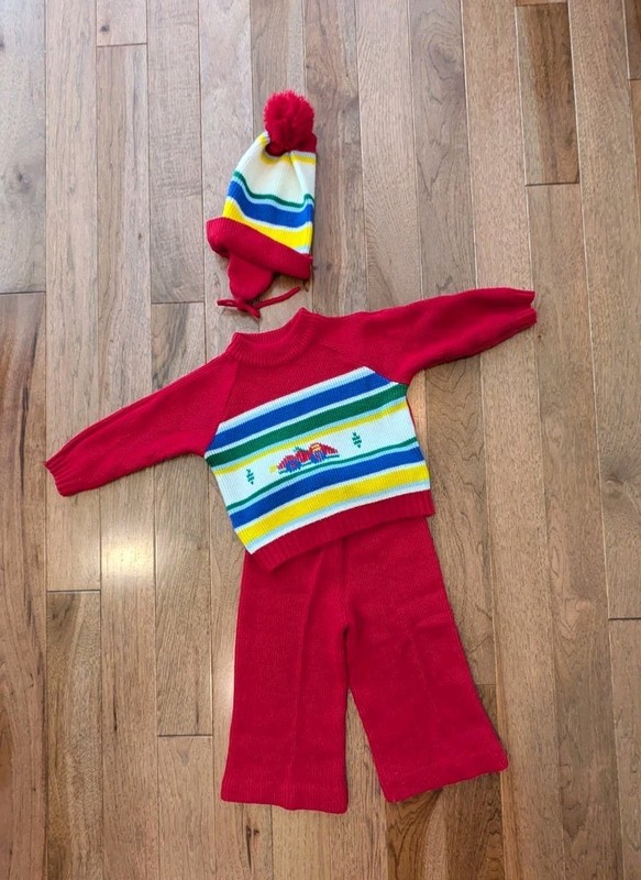 Vintage Baby Toddler 3 Piece Set Sweater Pants Hat Winter Knit Red Car 12-18 M?