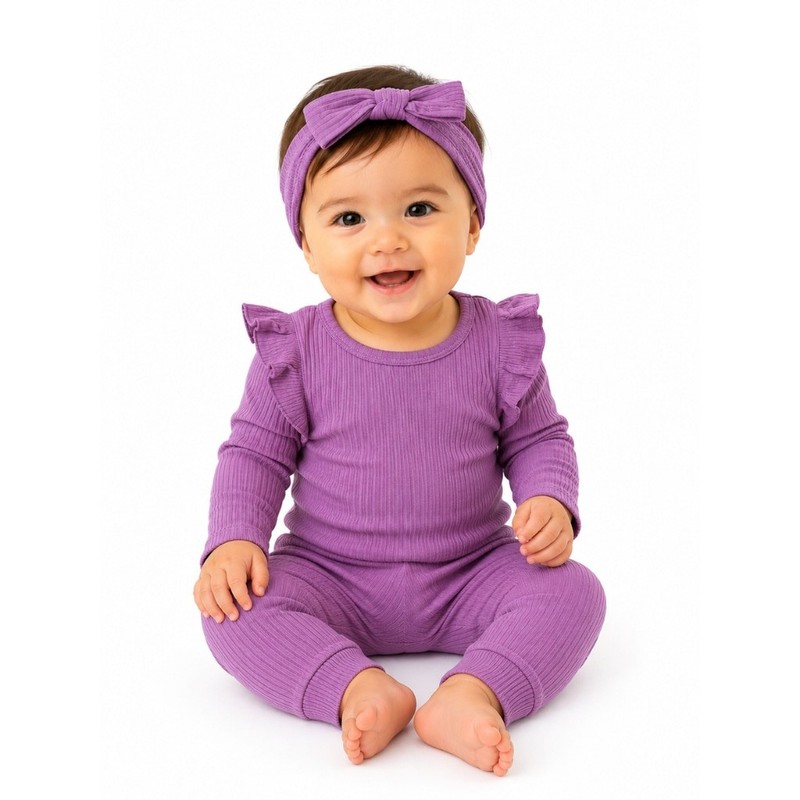 Baby Girl 3-Piece Rib Frill Long Sleeve Romper & Pant Set-Size 12-18 Months–NWT