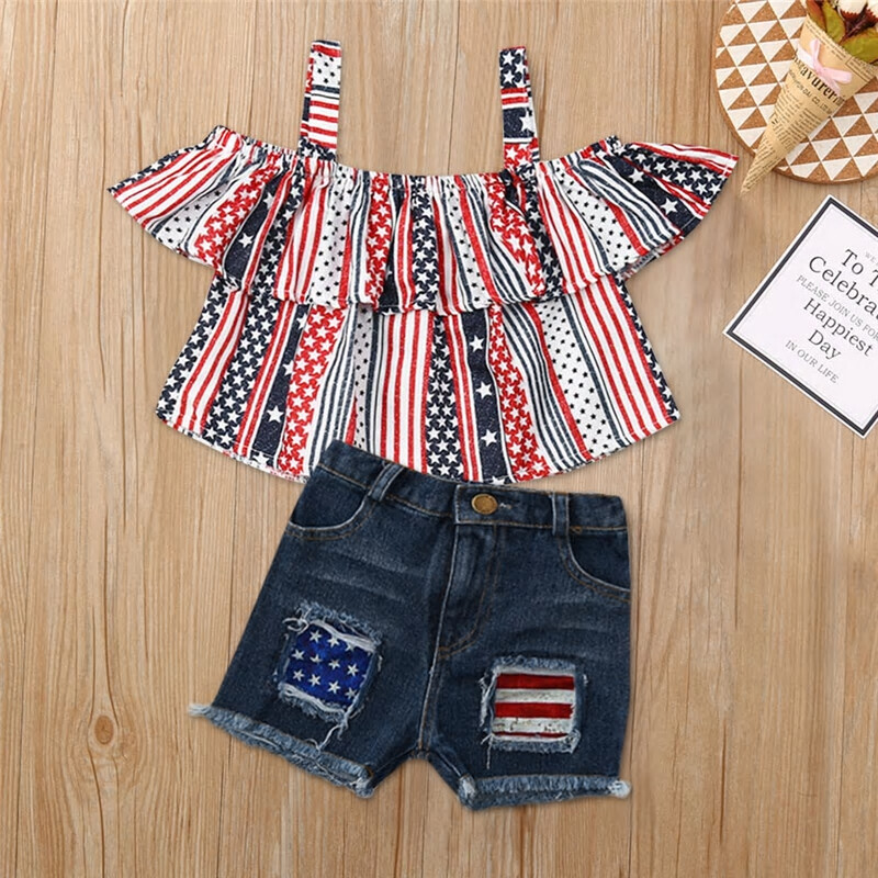 NWT Patriotic 4th of July Girls Crop Top Denim Shorts Outfit Set 2T 3T 4T 5T 6