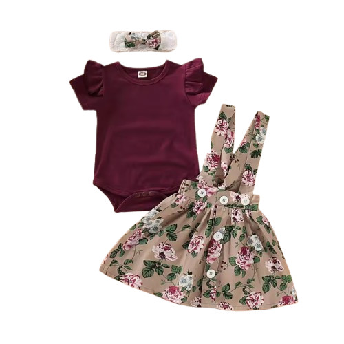 3PCS Newborn Baby Girl Christmas Clothes Set Short Sleeve Romper Suspender Skir