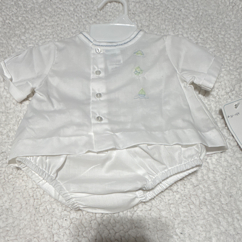 Petit Ami Newborn White 2pc Sailboat Embroidered Shirt/Shorts Set Formal