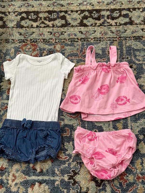 Bodysuit & Pink Fish Bloomers Set Girls 3-6M White Pink Blue 4PC EUC