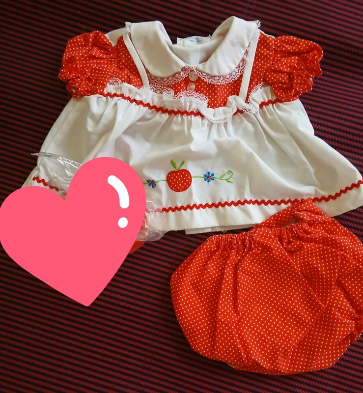 Red Polka Dot Fruit Dress Set with Bloomers, Lace & Embroidered Accents