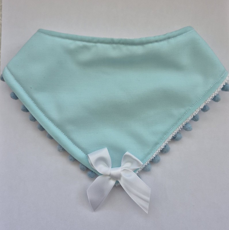 Baby Bandana Bib Pale Blue Fabric Soft Towelling Back Blue Pom Pom Edge