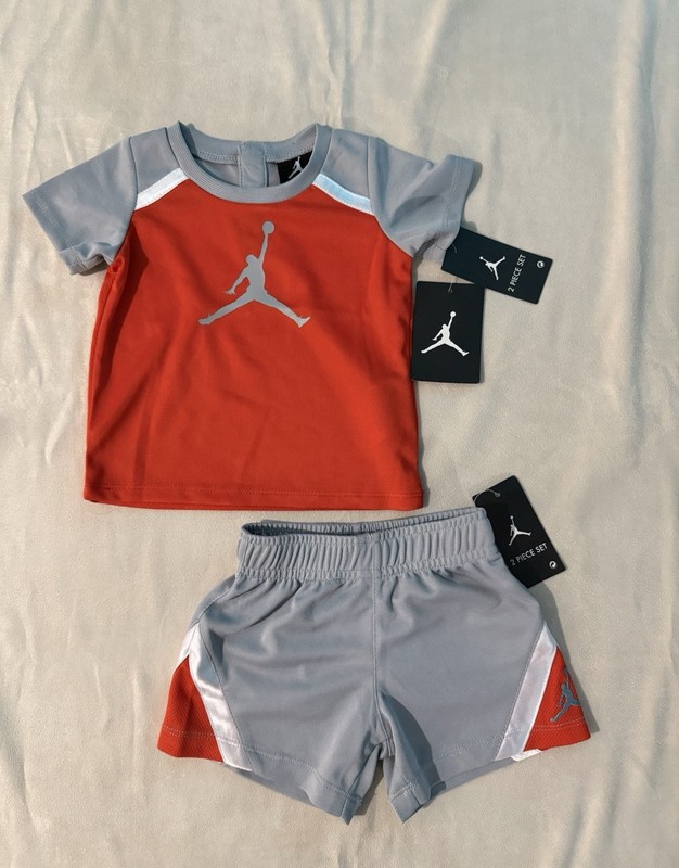 Jordan Baby 9M Jersey Shorts & Shirt Set Orange Gray NWT