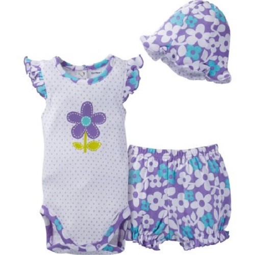 Gerber 3 Piece Outfit Bodysuit, Bloomer and Reversible Tulip Hat Infant Girls