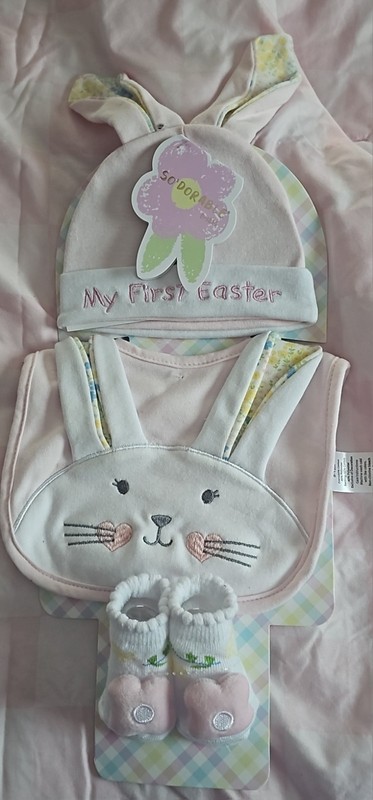 Shalom Int’l My First Easter Bunny 3pc Hat Bib Booties Set Pink 0-12M