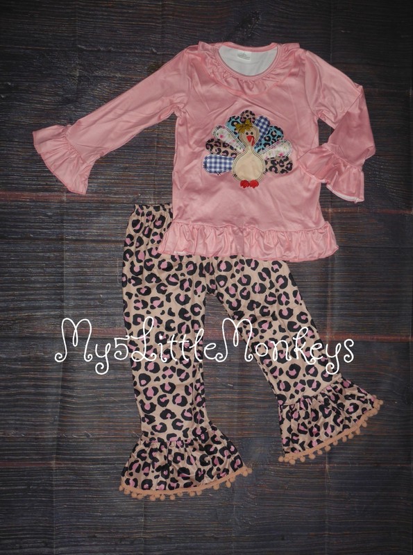 NEW Boutique Turkey Thanksgiving Leopard Bell Bottoms Outfit Set