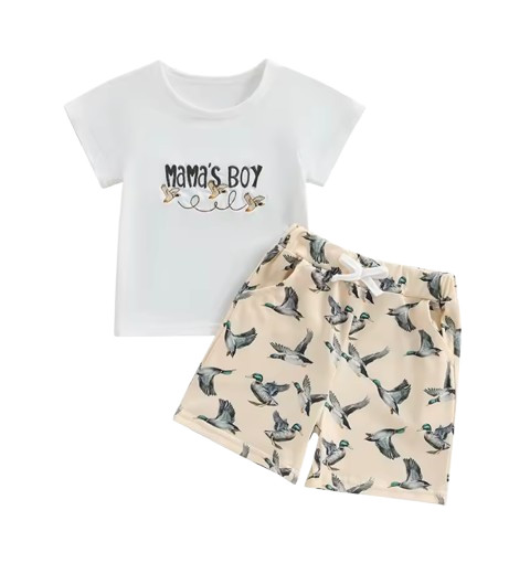Toddler Baby Boy Duck Print Short Sleeve T‑Shirt with Elastic Waist Shorts Set