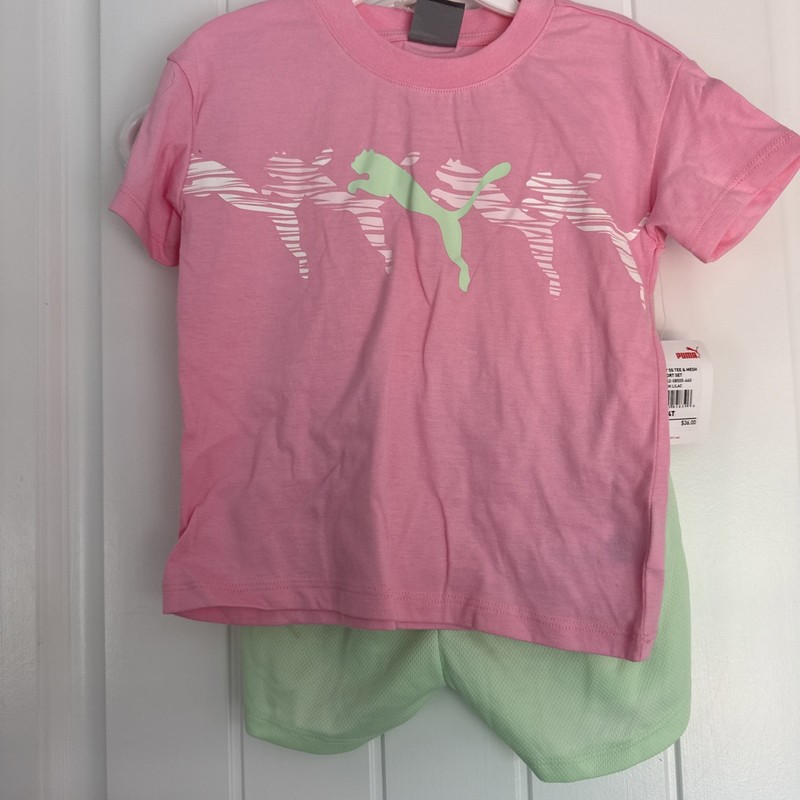 NEW NWT Toddler Girls Size 4T Pretty Pink Green Athletic Puma Short Set Outfit