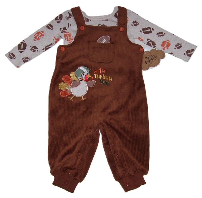 Baby Essentials 2 Pc My 1st Turkey Day LS Football Bodysuit Overalls Outfit 9M