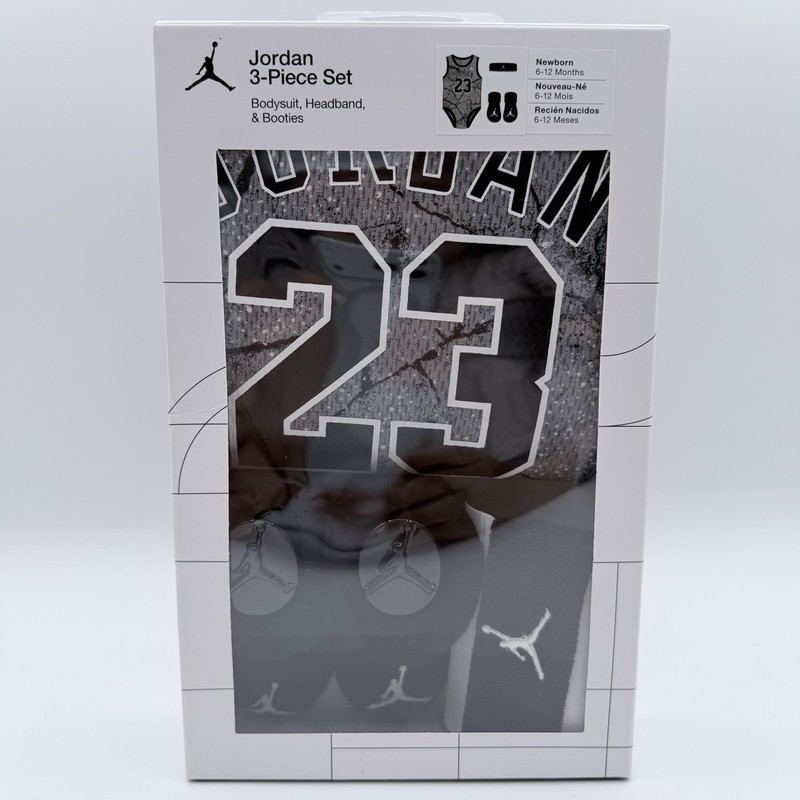 Jordan Baby 3Pc Outfit Set Headband Bodysuit Booties 6-12M Jersey Black Gray NIB