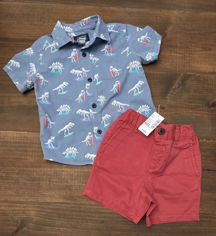 Children’s Place 2 Piece Outfit For Boy, Dino Shirt 12-18 Mos, Shorts 9-12 Mos.