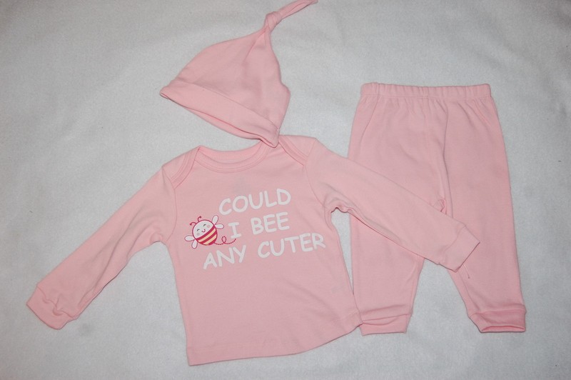 Baby Girls 3 PC Set LIGHT PINK L/S SHIRT Could I Bee Any Cuter PANTS Hat 0-3 MO