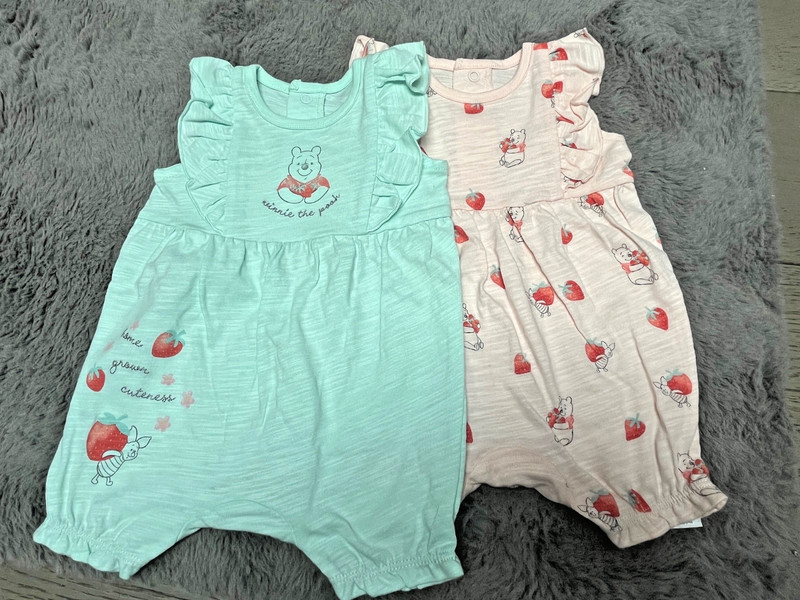 George Disney Winnie The Pooh Pink Green Strawberry Ruffle Romper x2 Newborn