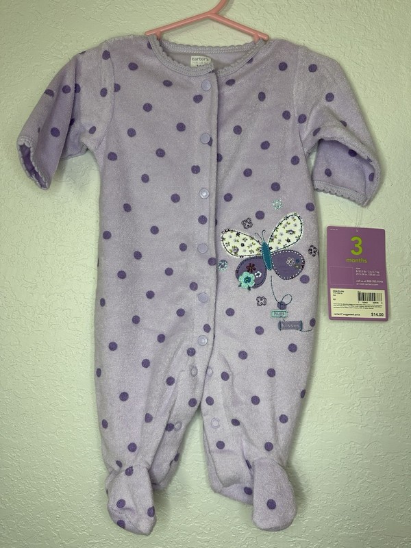 Baby Girl New Carter’s Vintage Terry Cloth Butterfly Purple Footsie 3M Y2K