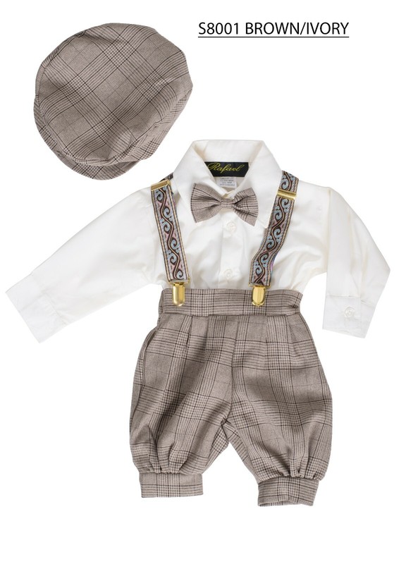 Kids Boys Pattern KNICKER Outfit 5 Piece Set Shirt, Bowtie,pant,Suspenders & Cap