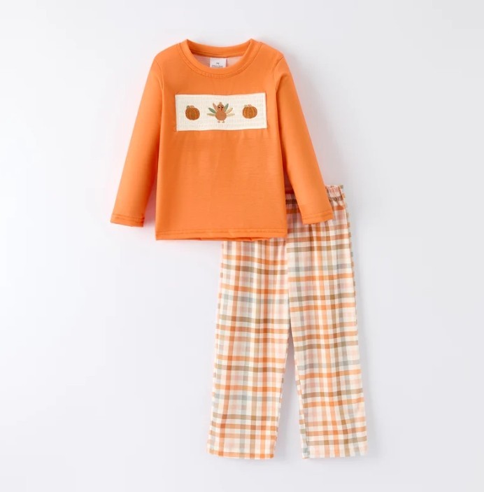 NEW Boutique Turkey Thanksgiving Smocked Embroidered Boys Plaid Pants Outfit