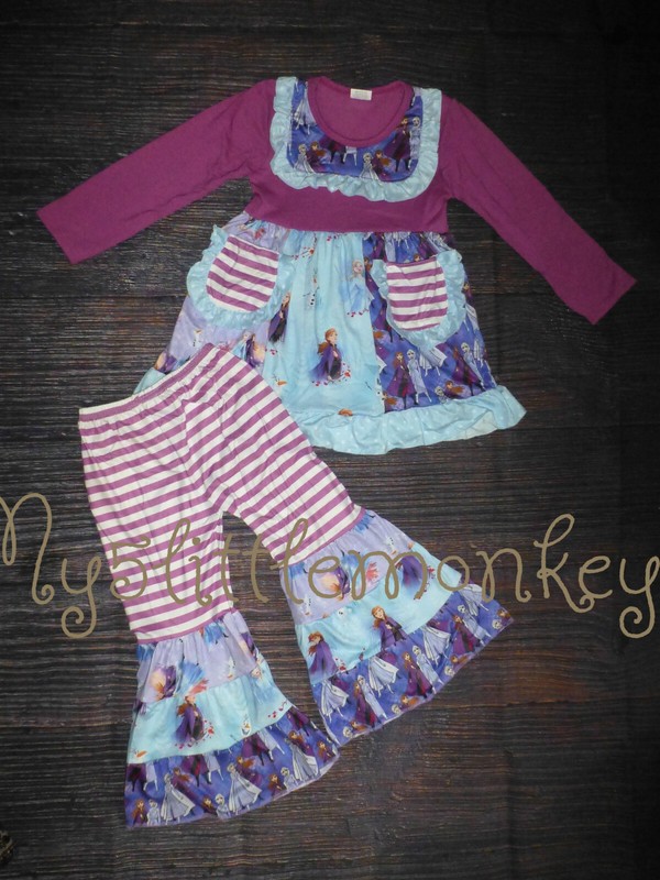 NEW Frozen Ana Elsa Olaf Ruffle Tunic Shirt & Bell Pants Boutique Outfit Set