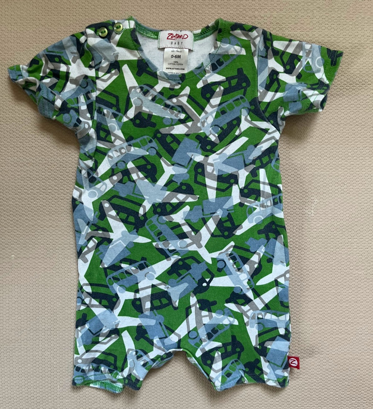 Zutano Size 0m – 6m Romper Green Planes Cars Trucks