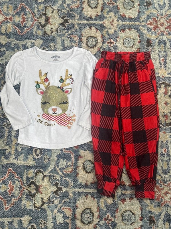 Holiday Time Set Girls 3T White Red Reindeer Buffalo Plaid